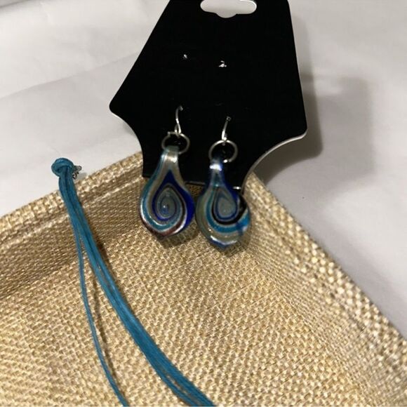 Aqua Blue Silver Gold Brown Four Strand Necklace and Earrings Set - Picture 3 of 6